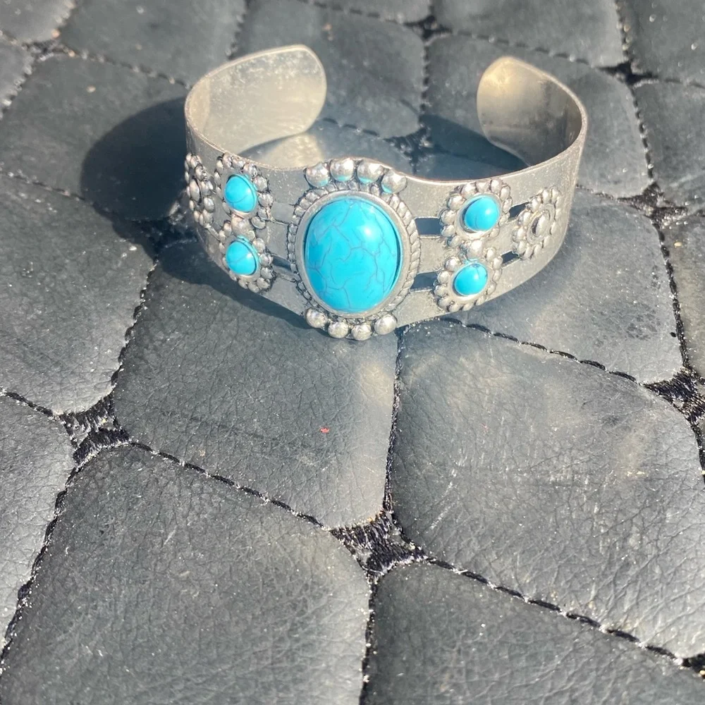 Turquoise Stone Silver-Tone Cuff Bracelet - Women Jewelry